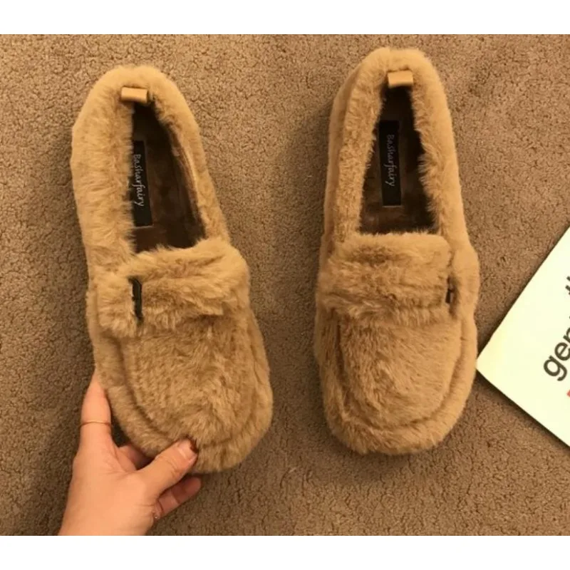 

Designer Style Shoes Woman Fur Loafers Winter Warm Plush Moccasins Ladies Elegant Furry Soft Sole Slip-on Flat Zapato De Mujer