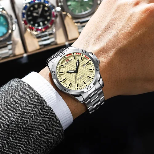 Imagen 2 del producto Reloj de cuarzo de acero inoxidable para hombre, Reloj calendario de 45mm a la moda de negocios, Reloj deportivo plateado de 3bar, Reloj de pulsera de regalo resistente al agua para hombre