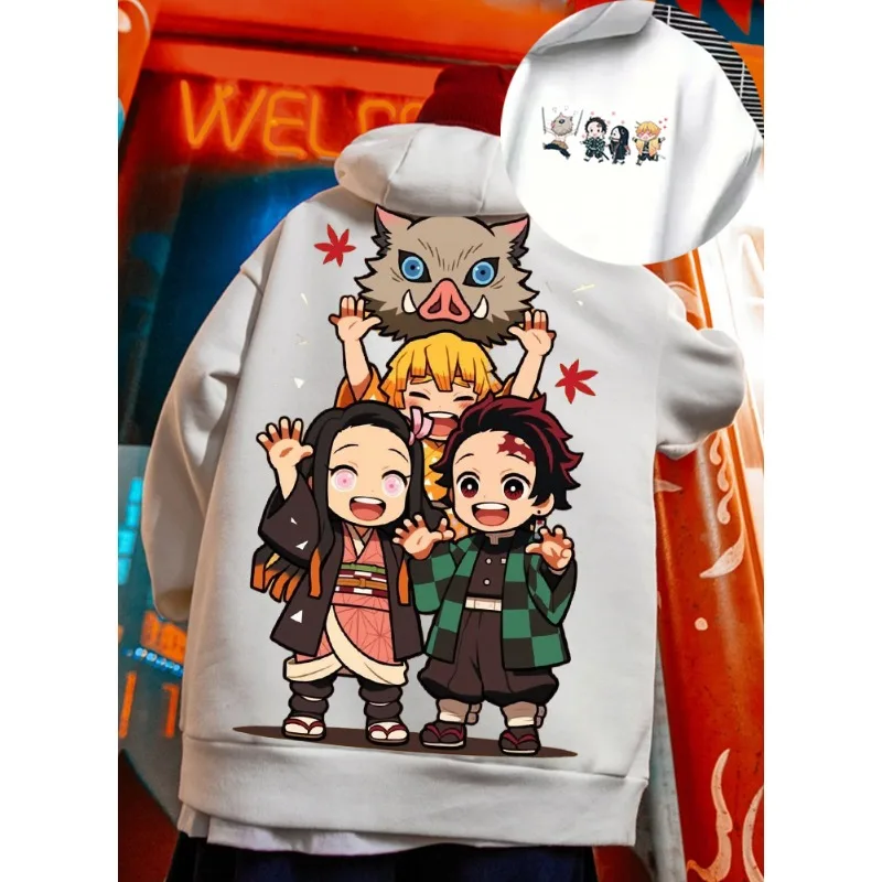 

Anime Demon Slayer Chibi Print White Hoodie, Oversized Streetwear Sweatshirt for Men Women, Long Sleeve Casual Autumn Top Unisex