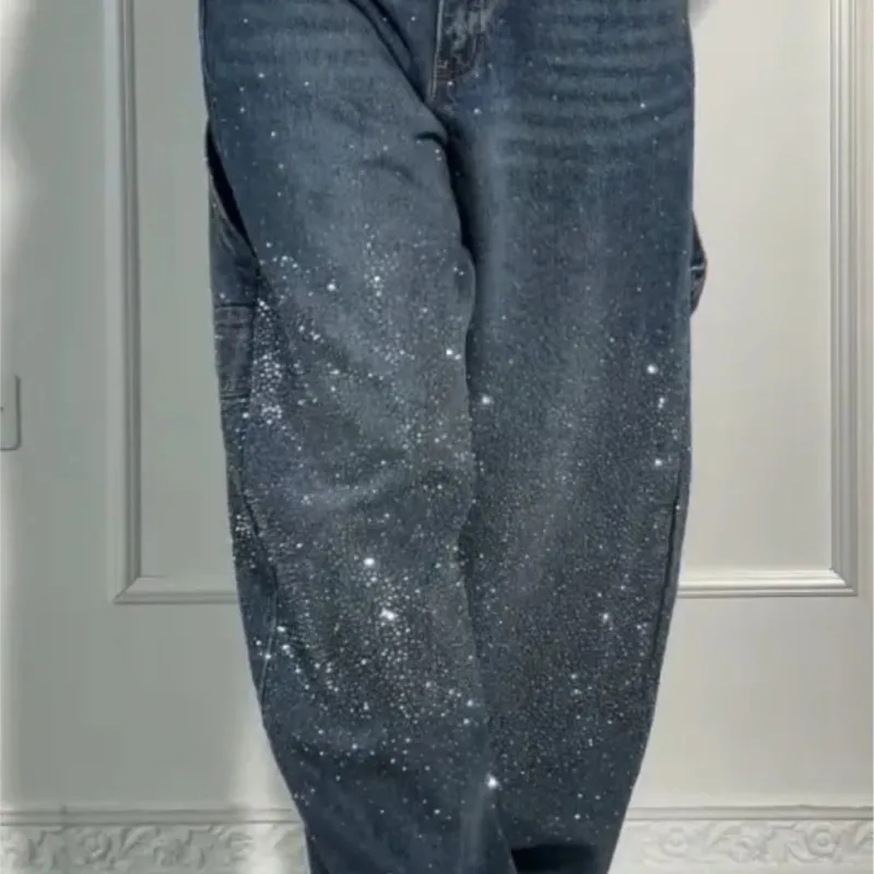Women Jeans Denim Pant Wide Leg Long Pants Hot Drilling High Waist Straight Trousers Y2k Streetwear Casual Punk Pants Loose 2026