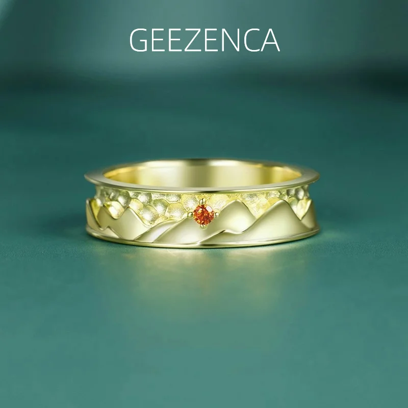 925 Sterling Silver 14K Gold Plated Red Zircon Women's Ring Sand Dune Pattern Designer Chic Unique Rings