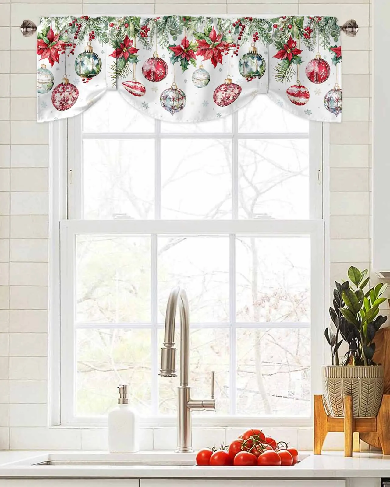 

Christmas Poinsettia Berries Fir Leaves Window Curtain Living Room Kitchen Cabinet Tie-up Valance Curtain Rod Pocket Valance