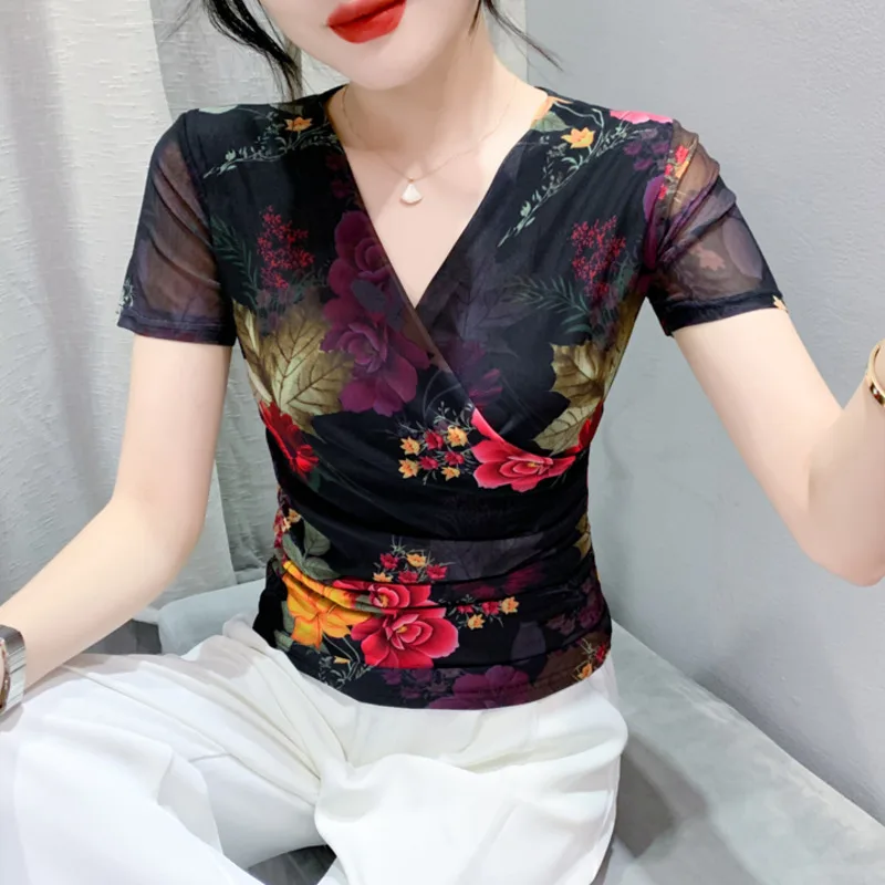 # 5896Zomer Bloemen Gedrukt Mesh T-shirt Vrouwen Zwarte Korte T-shirt Vrouwelijke Dunne V-hals Vintage Office Wrap T-shirt Femme Elastisch