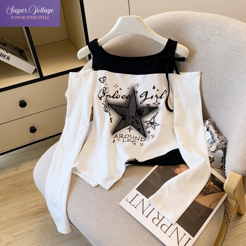 

Y2K футболка с открытыми плечами и длинными рукавами, женская сексуальная готическая уличная одежда, топы, женская осенняя модная повседневная укороченная футболка, наряд