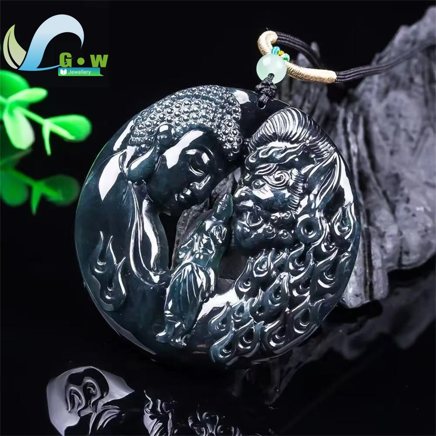 Natural Grade A Jadeite Black Ice Enlightenment Pendant Hanging Jade Amulet Necklace Unisex Carved Gemstone Jewelry Charm Gift