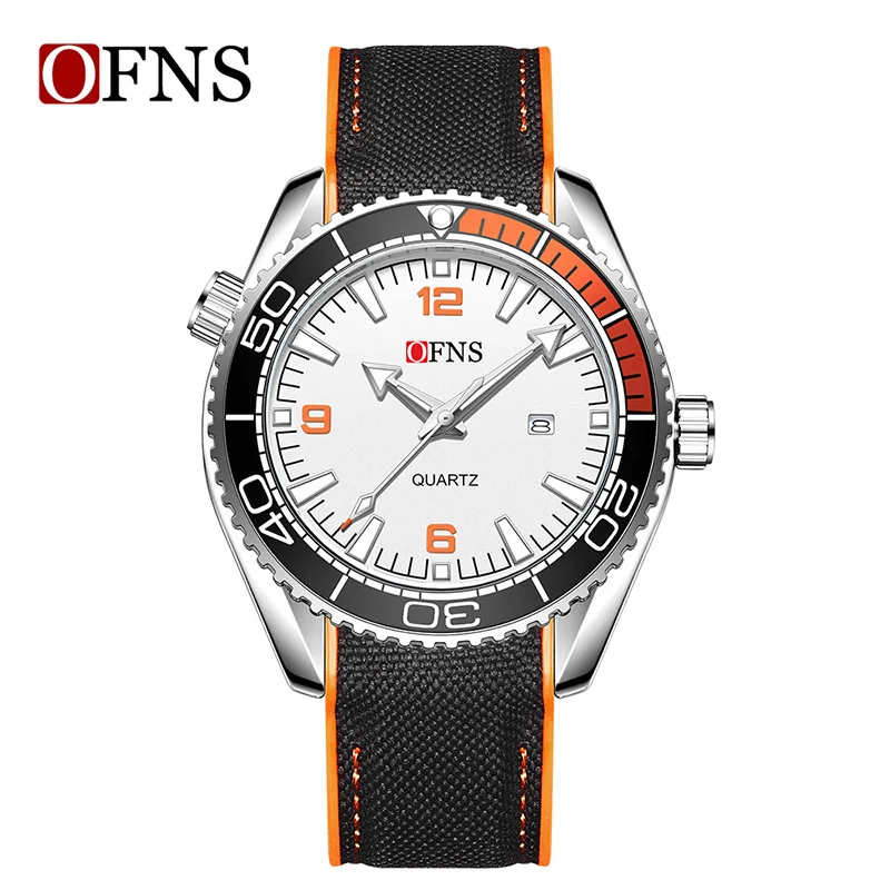 OFNS Fashion Business Leisure Men's Quartz Watch Calendar 3ATM Waterproof 3D Luminous Gear Crown Rotating bezel