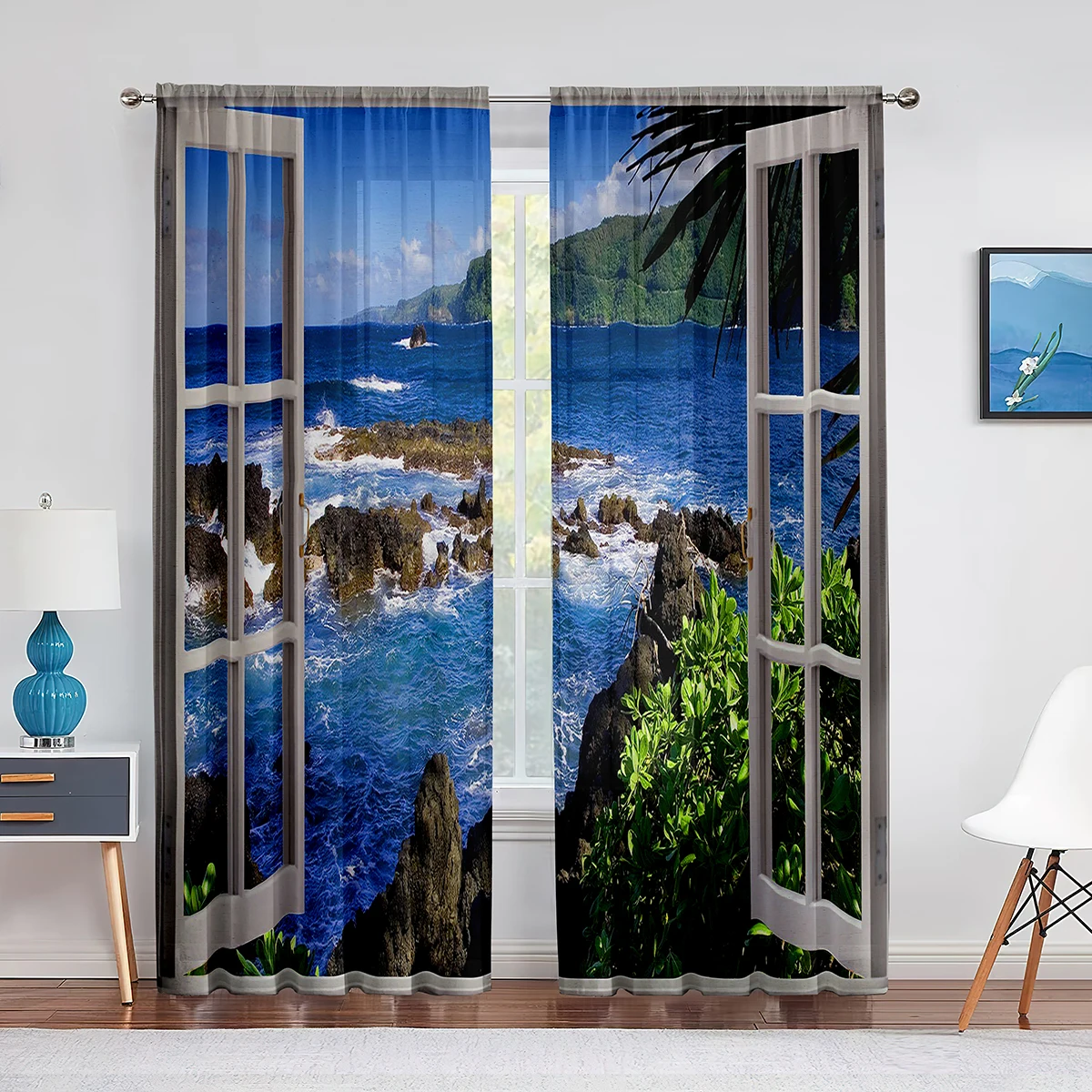 

Beach Sea Ocean Palm Tree Windows Scenery Sheer Curtains for Living Room Kitchen Tulle Windows Voile Curtains for Bedroom Decor