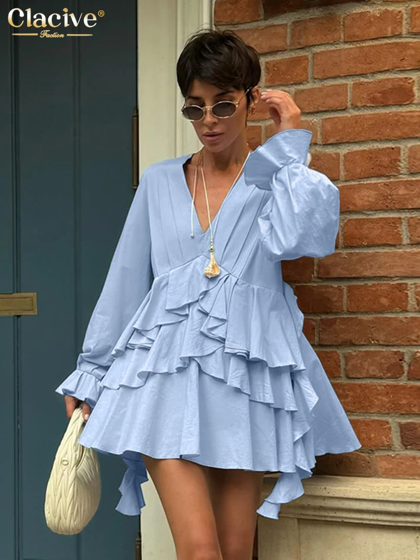 

Clacive Fashion Loose Blue Cotton Women Dress 2025 Sexy V-Neck Long Sleeve Mini Dresses Elegant High Waist Pleated Female Dress