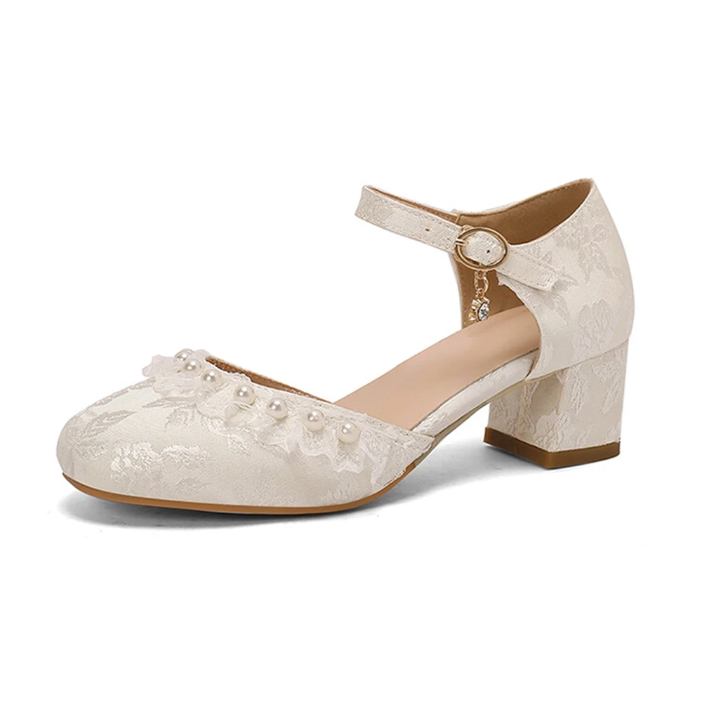 Spring Thick Heel Lace Mary Jane Pink  Heels Retro Cute Dress Bridal Shoes Comfortable Round Head Dress Women Shoes 87-12