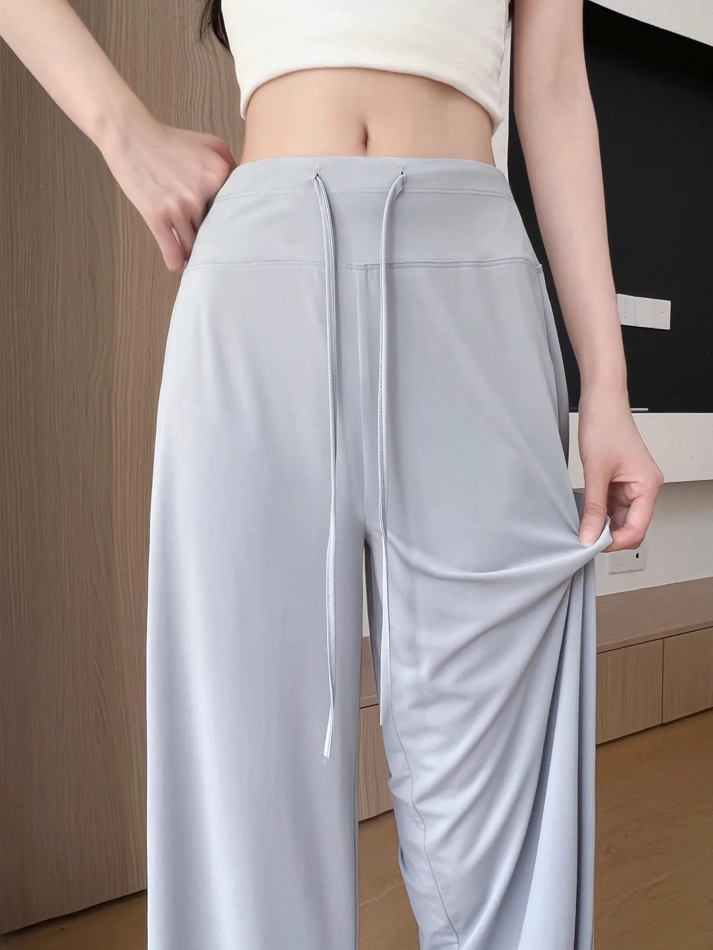 아이스 실크 와이드 레그 팬츠 여성 여름 얇은 하이웨이스트 드레이프 스몰 사이즈 스트레이트 컷 퀵 드라이 스포츠 팬츠 자외선 차단