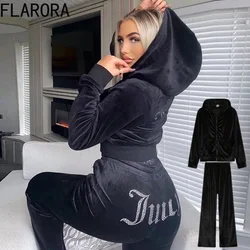 FLARORA Fashion Y2k Diamond Two Piece Sets Woman Long Sleeve Zipper Hoodie Jacket Coats And Pants Suits Casual Street Tracksuits