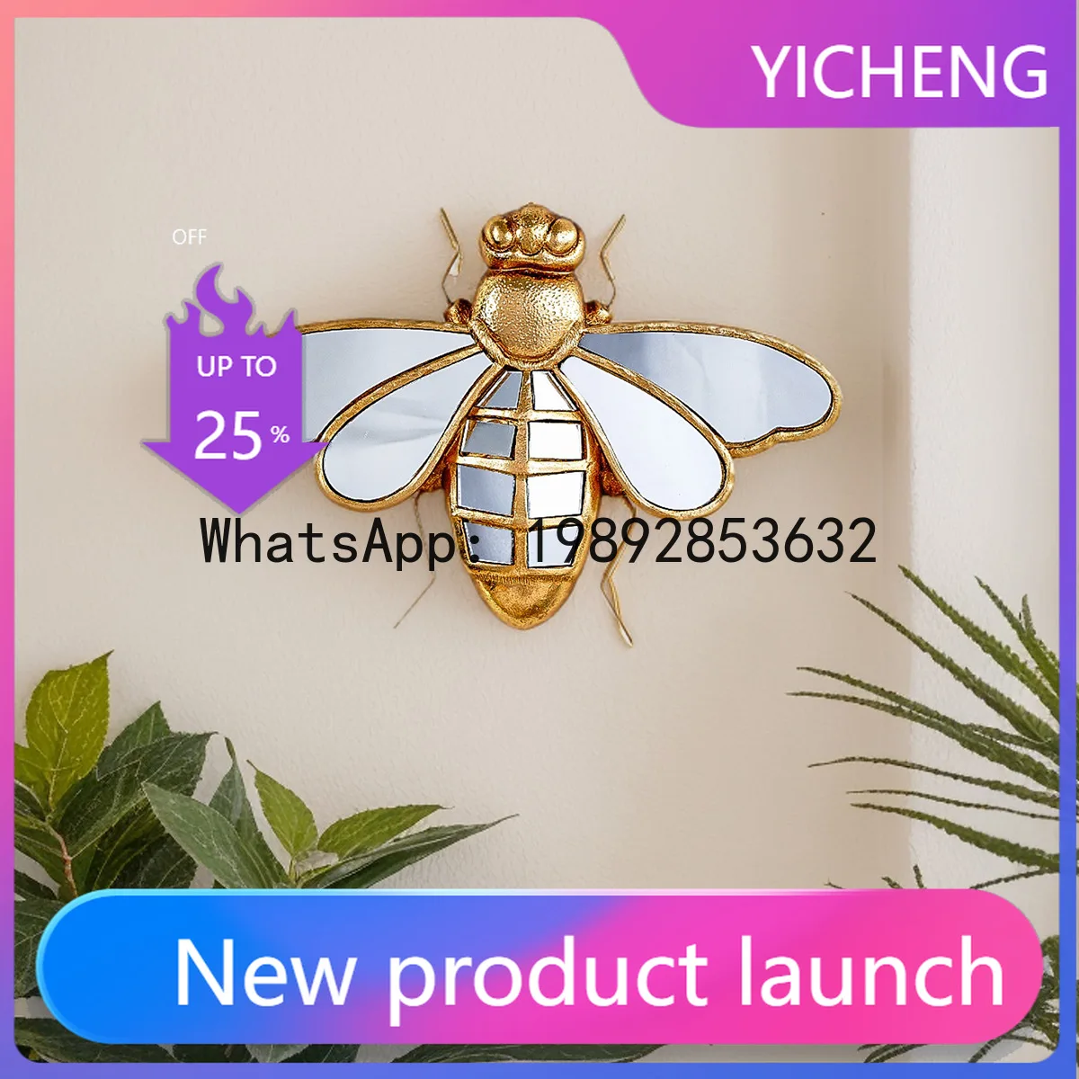 

Golden Bee Mirror Creative Resin Artwork Insect Pendant Wasp Mirror Wall Decorative Background Bedroom Wall Hanging Decoration