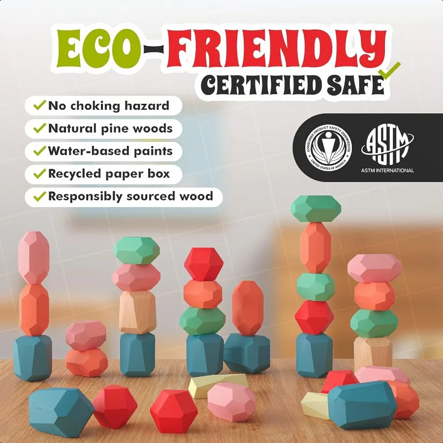 36 قطعة كتل التراص الخشبية ألعاب مونتيوري للأطفال الصغار بعمر 2 3 4 5 6 سنوات وصخور XL لا خطر الاختناق الجذعية الحسية Buildi