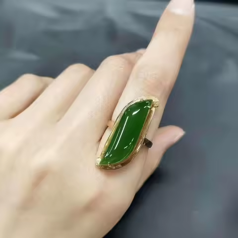 Fashion natural Hotan Jade ring Classic glossy silver inlaid vintage Willow leaf green rings for women fien jewelry adjustable