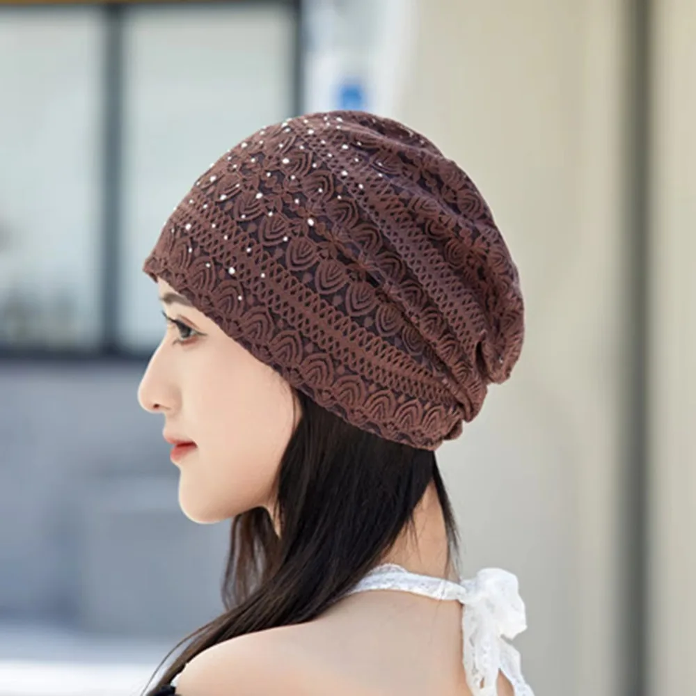 Women's Fashion Lace Beanie Cap Rhinestone Flower Detail Breathable Spring Summer Hat Elegant Headwear Accessories for Daily Use