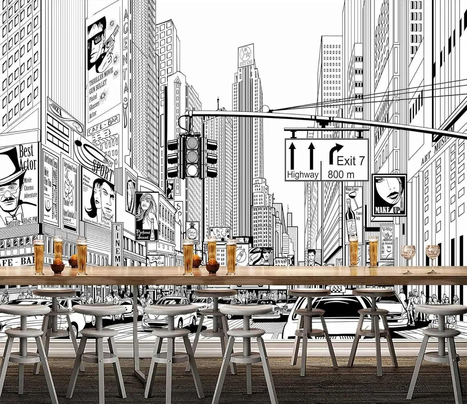 WFBHUA-Black and White New York City Wallpaper Hand Painted Times Square Wall Mural Decoration