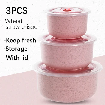 3pcs Wheat Straw Fresh-Keeping Bowl Three-Piece Set with Lid for Home Microwaveable…