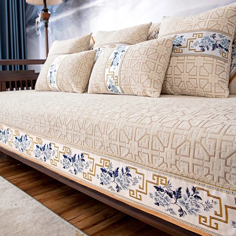 Chinese Style Sofa Seat Cushion Embroidery Sofa Cover Chaise Longue Cover Chenille Sofa Towel for Living Room