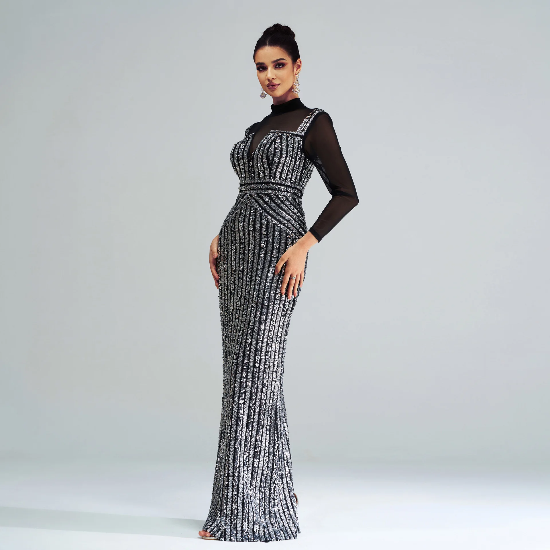 イブニングドレス ロングスリーブ ラウンドネック スリムフィット ボディコン プロム スパンコール テール付き レディースファッション 新作 秋 ハイウエスト...