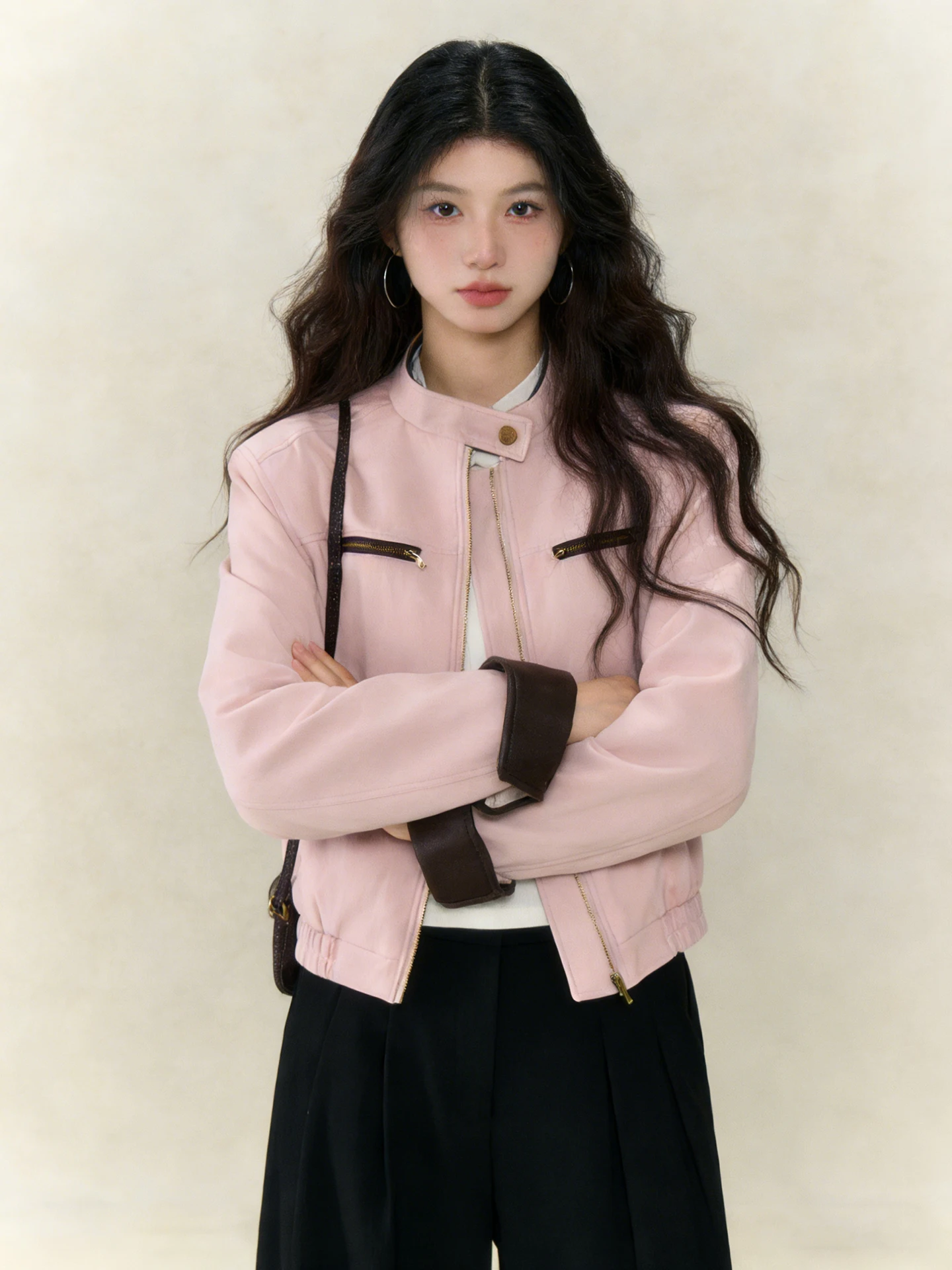 한국 스타일 핑크 스탠드 칼라 PU 가죽 재킷 여성용 2026년 봄 신상 컬러 콜리온 아우터웨어 탑