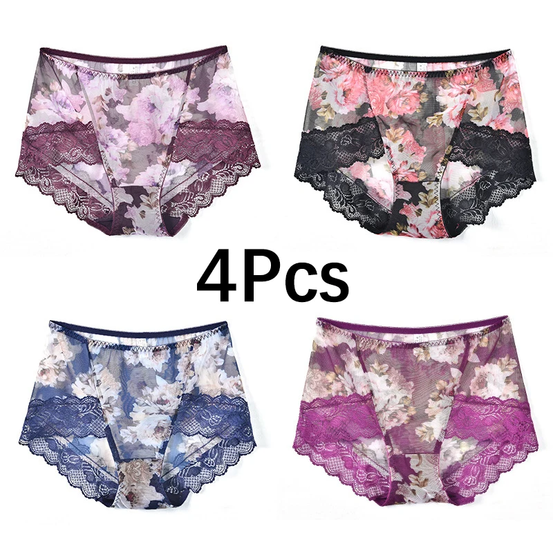 4Pcs/lot Lace Panties Women Mid Waist Plus Size Female Sexy Underwear Ultra-thin Transparent Knicker Seamless Briefs Lingerie