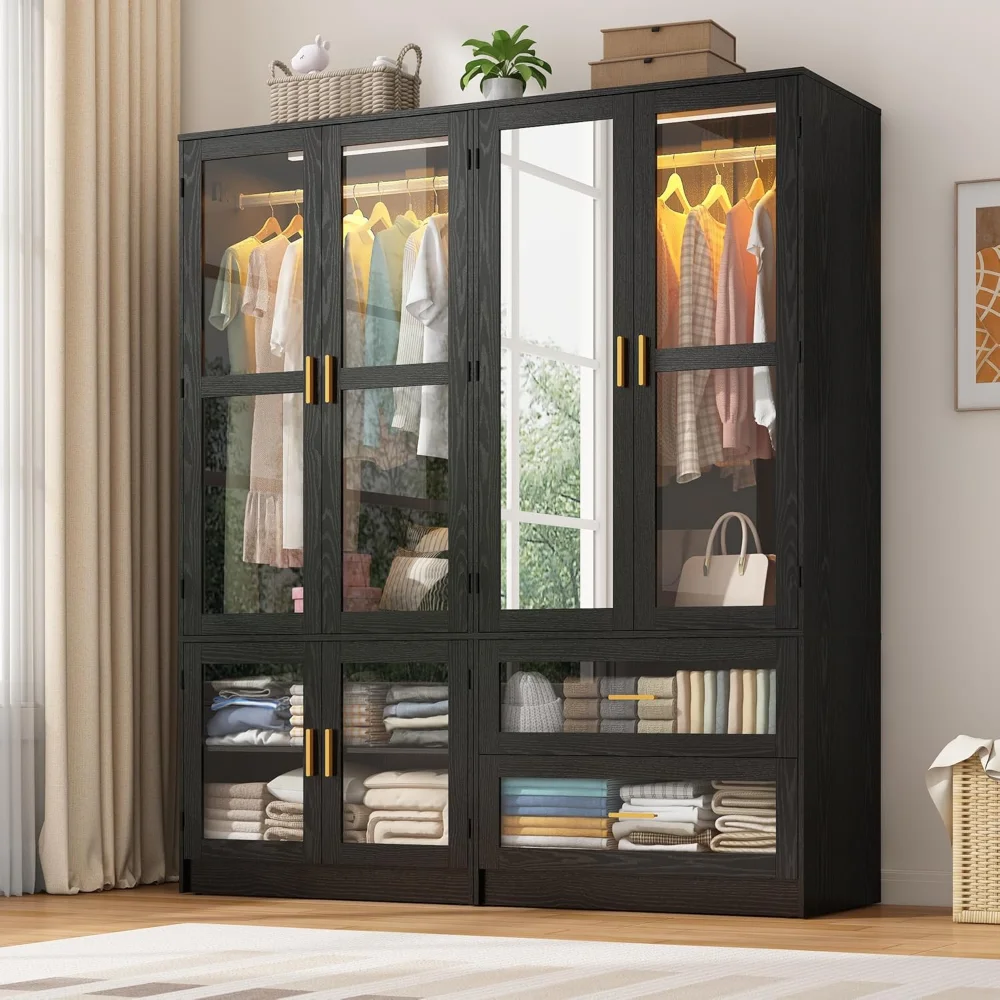 

4 Doors Armoire Wardrobe Closet with LED and Mirror,71" H Freestanding Wooden Wardrobe Closet Cabinet