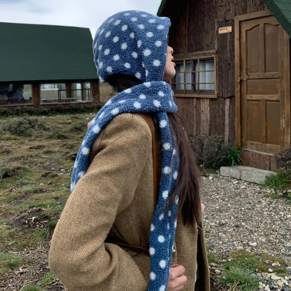 Integrated Design Hooded Scarf Hat Soft Fluffy Ear Protection Plush Balaclava Cap Thick Pull On Polka Dot Beanie Daily Wear