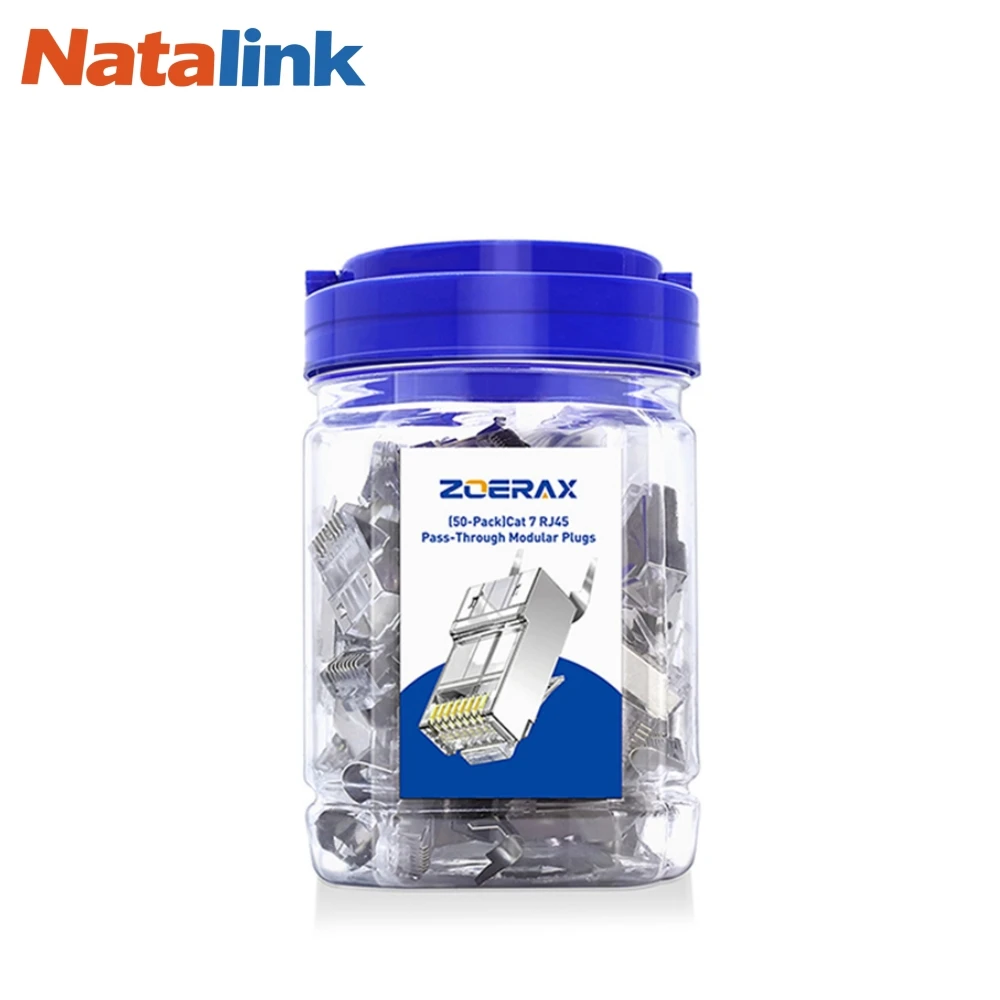 Natalink 50PCS Shielded CAT7 RJ45 Connector Pass Through with Strain Relief Boots 3 Prong 8P8C Gold Plated 1.5mm RJ45 Adapater