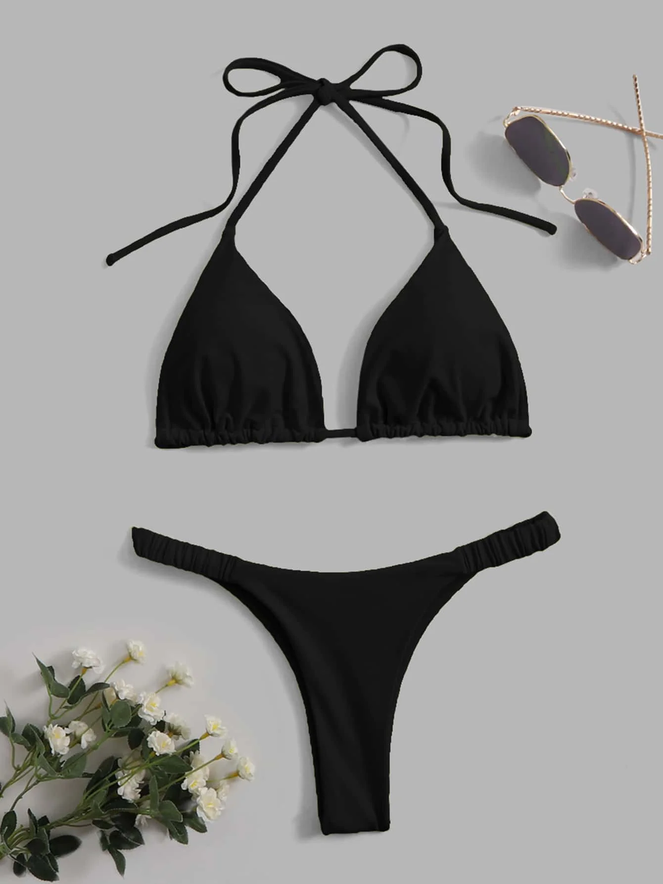 

Solid Black Halter Triangle Bikini Set Thong Beach Swimsuit