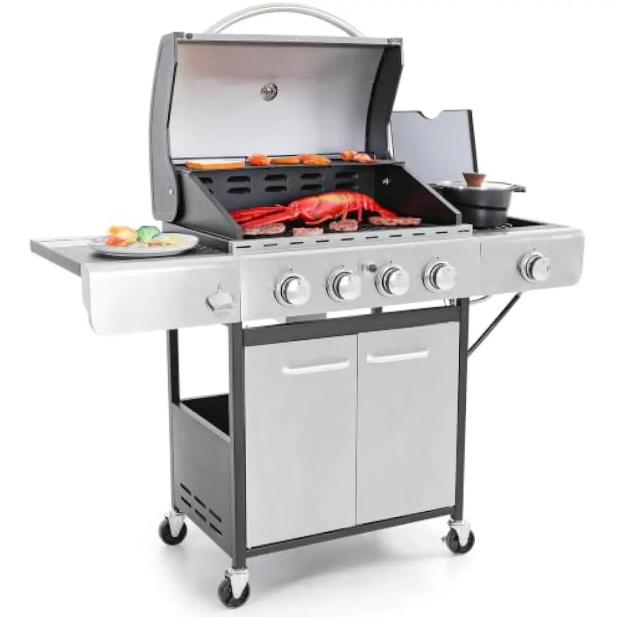 Propane-Powered 4-Burner Grill with Side Burner, Porcelain-Enamel Cast Iron Grates, Built-In Thermometer, Warming Rack, Pull-Out
