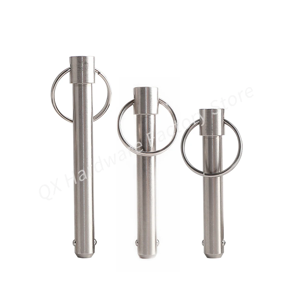 Todo o aço inoxidável Ball Lock Pin, localizar pinos, tipo de anel, pino de mola sólida, liberar rapidamente, comprimento 10 ~ 100mm, QX114