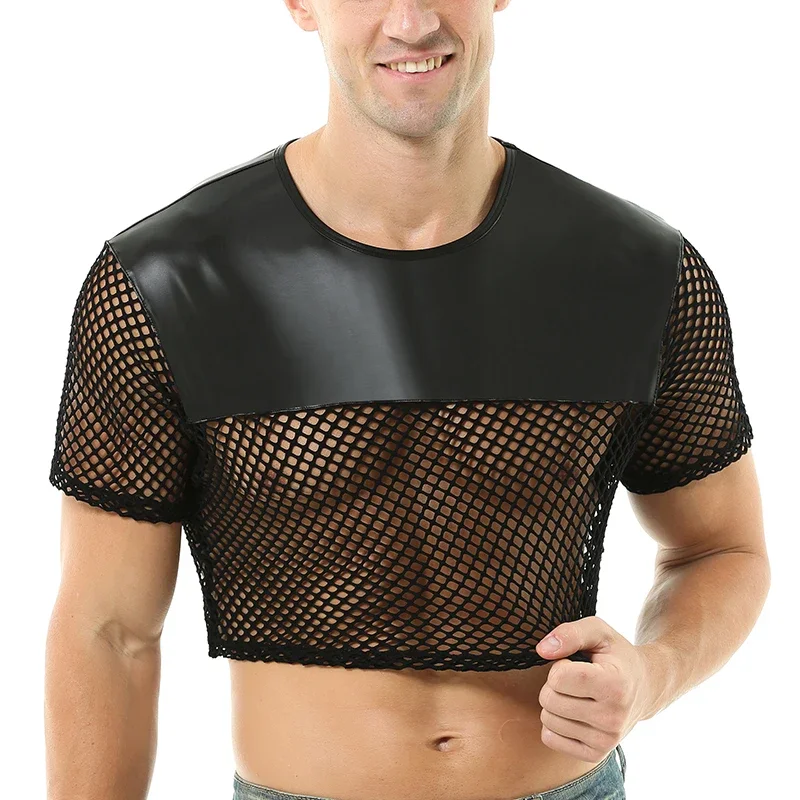 Men Leather Mesh Tops See Through Cropped T-shirts Male Transparent Fishnet Tee Short Sleeve Shirts Night Clubwear