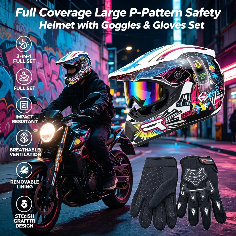 Vollständig abdeckender Sicherheitshelm mit großem P-Muster, inklusive Schutzbrille und Handschuhen, für Fahrrad-, Motorrad- und Rollerfahrten