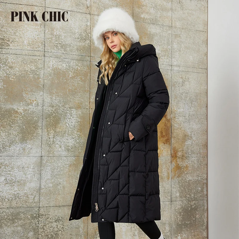 PINK CHIC 2023 Winter Long Thicken Coats Women Down Jackets Classic Belt Warm Hooded Women's Button Casual Parka W6629