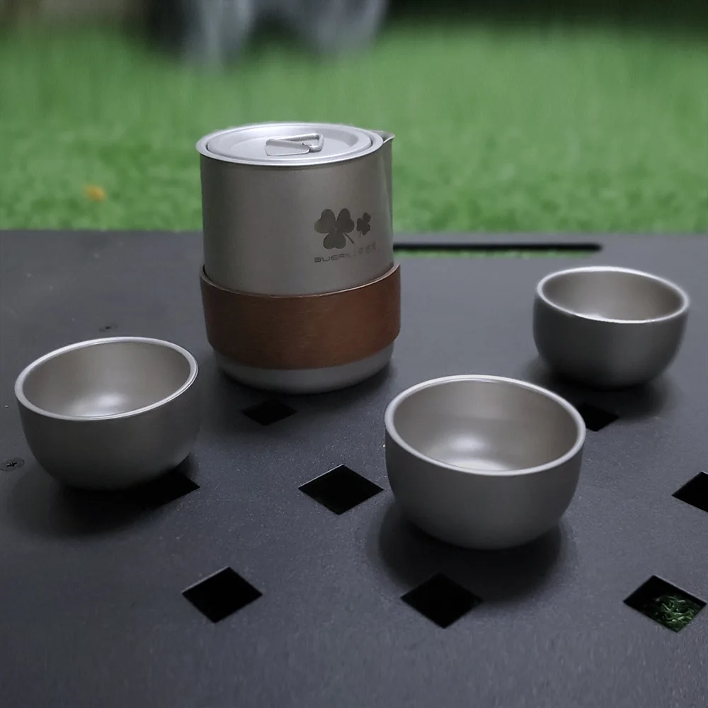 Titanium Alloy Cup Portable Travel Tea Set Outdoor Camping Tea Brewing Cup 1pc Titanium Cup and 3pc Teacup Outdoor Tableware