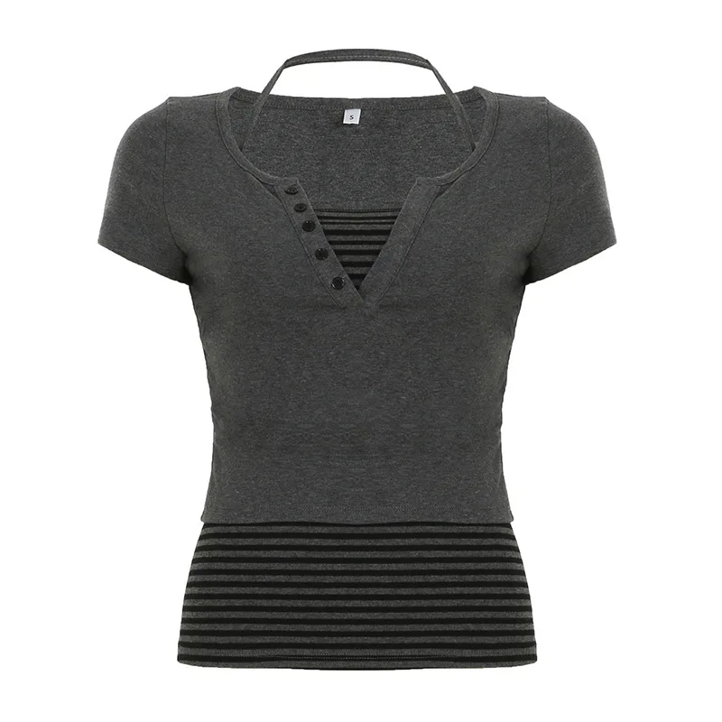

Simple Knitted Two-piece Set Straple Neck Hanging Short Sleeve T-shirt Inner Wear Casual Summer Fashion Women's Clothing