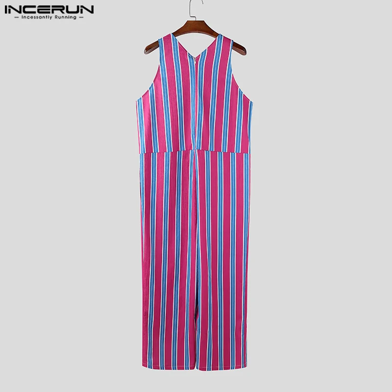 INCERUN Jumpsuit Pria Bergaris Kerah V Tanpa Lengan Romper Pria Kasual Pakaian Jalanan Longgar Liburan Musim Panas Fashion Overall Pria S-5XL