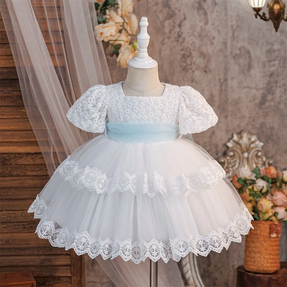 Cute Girls White Lace Tulle Dress Blue Waistband Puff Sleeve Princess Birthday Party Formal Ball Gown Kids Pageant Dress ASQ03