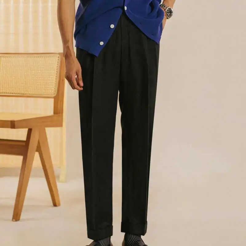 Celana kasual Retro Linen celana Kantor celana pinggang tinggi gaya Inggris celana panjang pria celana putih celana panjang kaki lurus Naples