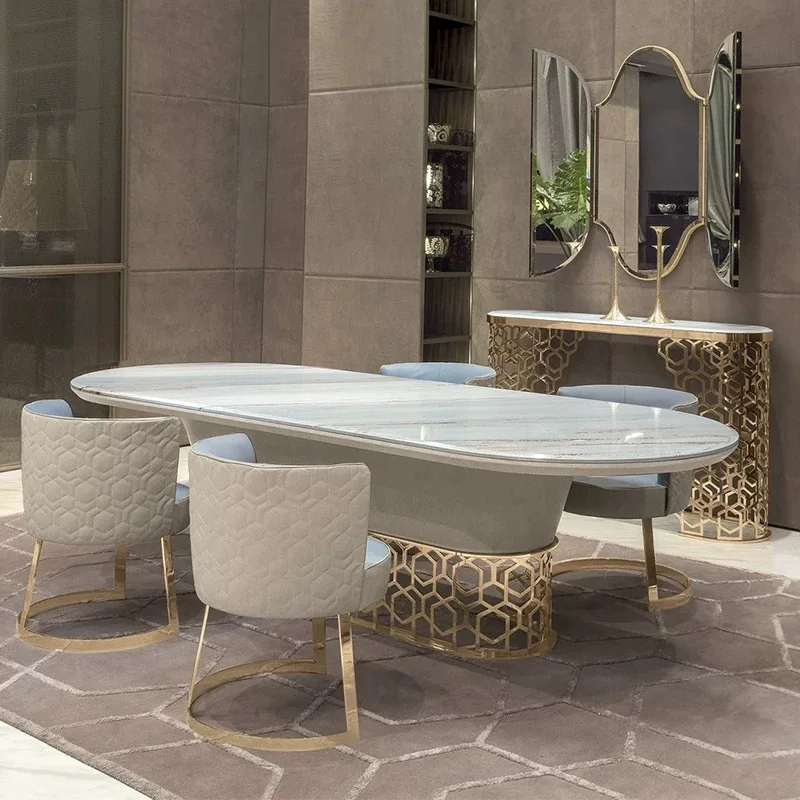 Natural marble semi-round dining table, platinum sand luxury stone rectangular Italian high-end dining table