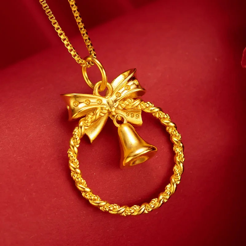 9999 Real Gold 24K Japanese and Korean Fashion Female Cute Bow Bell Pendant Niche Running Princess Clavicle Necklace Gold