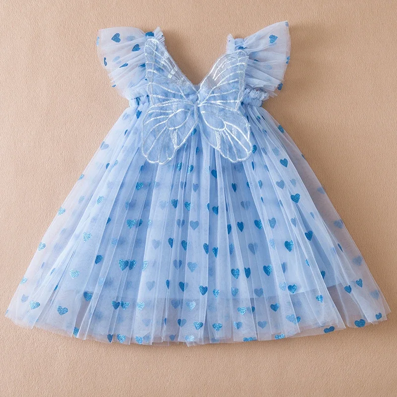 Baby Girl Party Dress Princess Birthday Clothes Back Bow Wing Solid Color Strap Tulle Dress Summer Sequin Stars Mesh Baby Dress