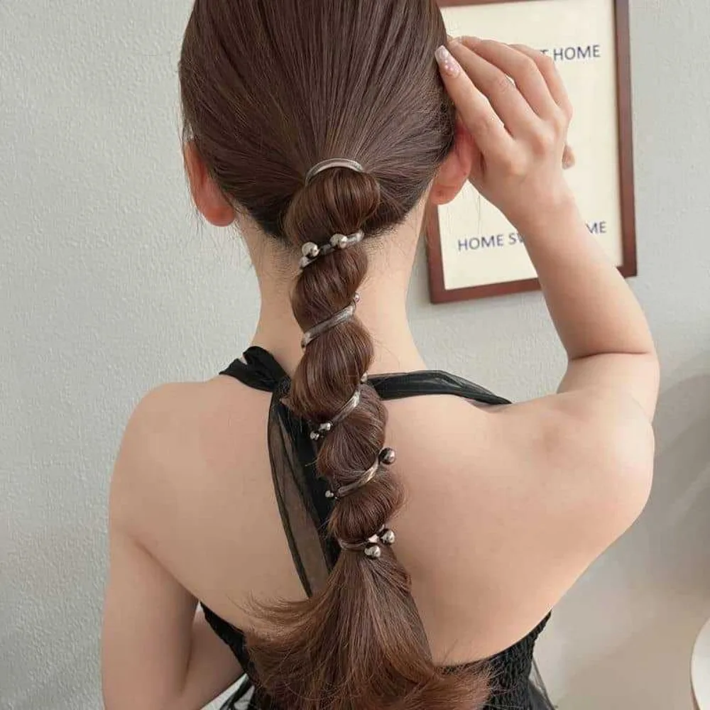 Fashion Telephone Wire Elastic Hair Band Pearl Hair Accessories Phone Cord Hair Tie Bubble Braid Hair Band Women