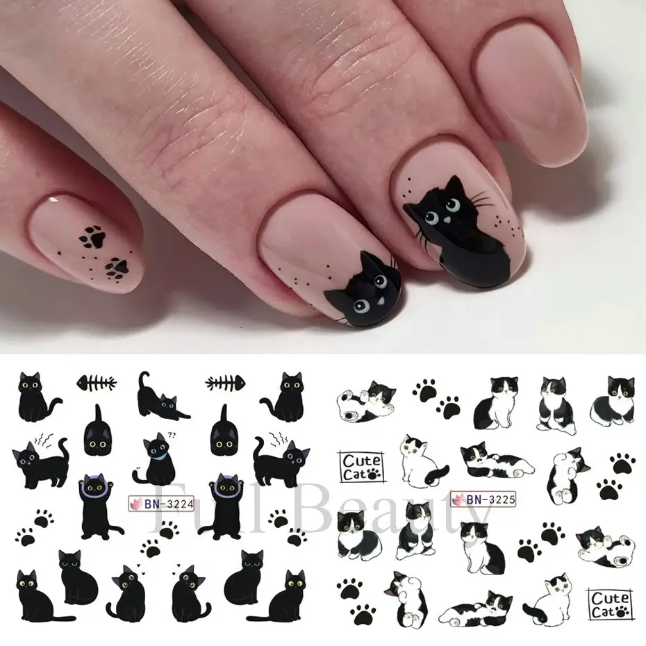 12pcs Black Cat Nail Art Water Stickers Cute Cartoon Cat Animals Transfer Sliders Decals Watermark Tattoo Decorations Manicure