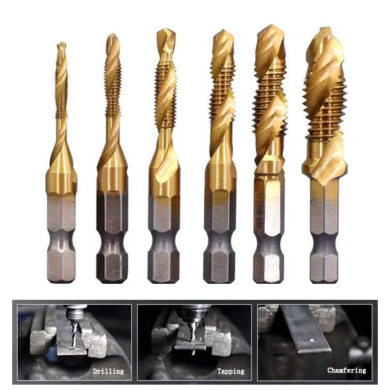 6Pcs Tap Drill Bit Hex Shank Titanium Plated HSS Screw Thread Bit Screw Machine Compound Tap M3 M4 M5 M6 M8 M10 Hand Tools