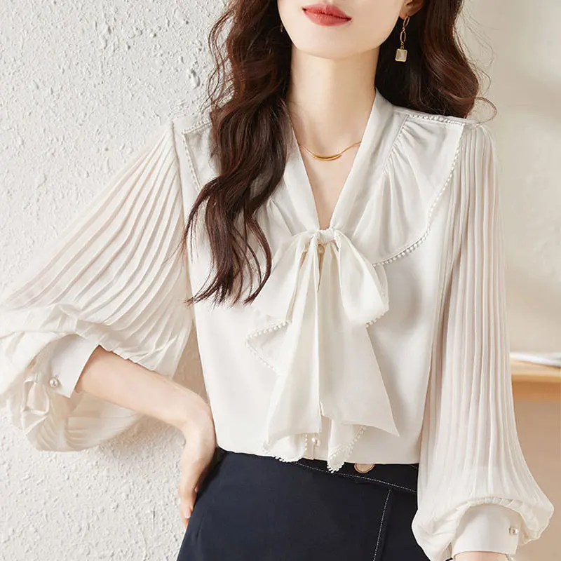 Office Lady Elegant Distressed Bow Blouse Fashion Scarf Collar Spring Korean Ruffles Patchwork Female Pleated Pearl Button Shirt