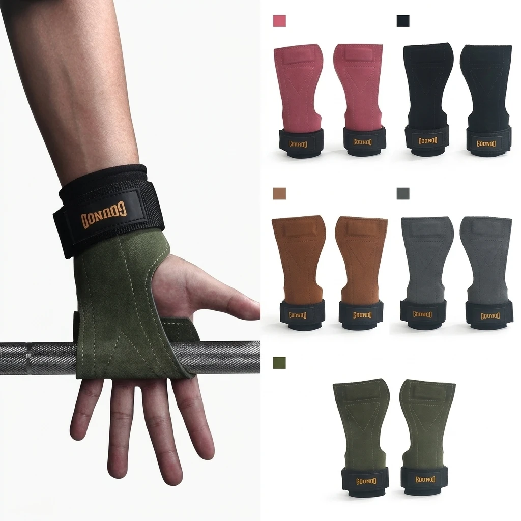 1 Pair Genuine Leather Gym Wrist Wraps with Palm Protection, Non-Slip Weightlifting Grips for Pull Ups, Fitness Training