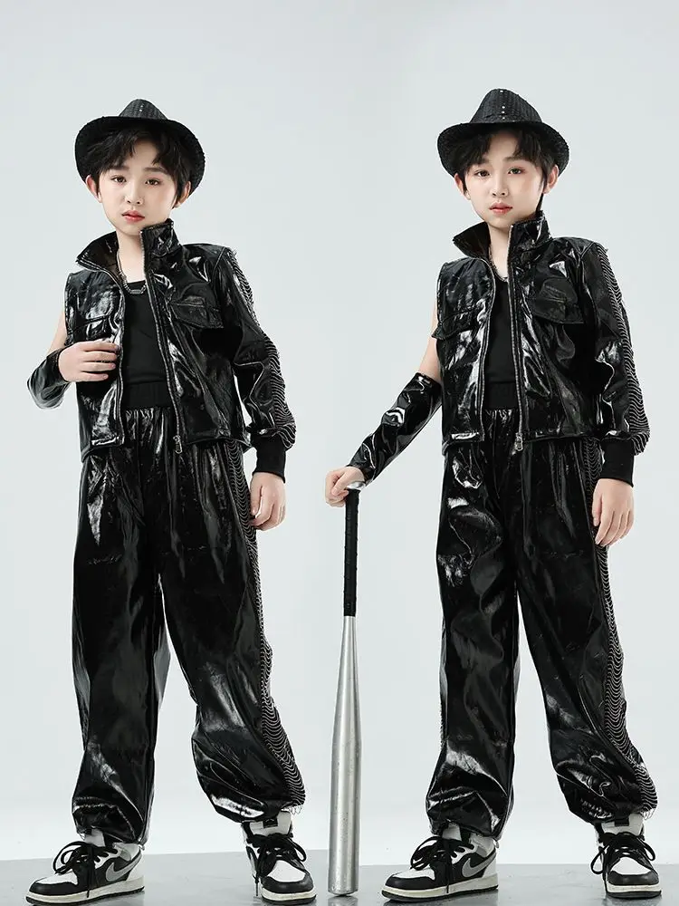 Black Leather Jacket Pants For Girls Boys Jazz Costumes Kids Kpop Outfit Hip Hop Clothes Stage Performance Festival Wear