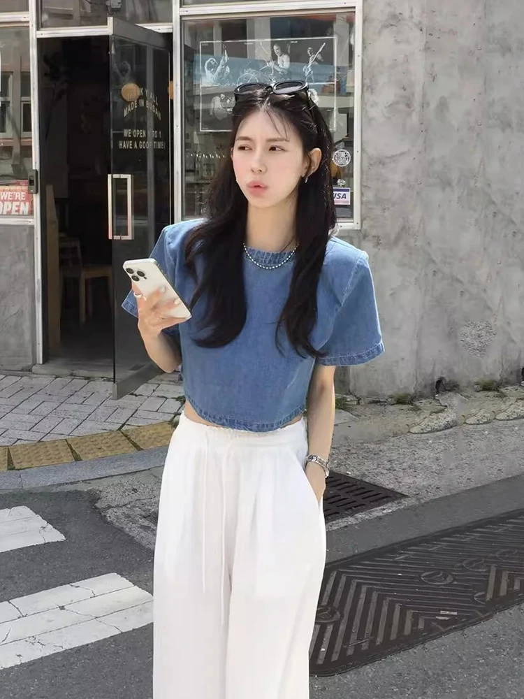 

Gagarich 2025 High End Loose Short Denim Shirt Women Summer Collection Retro Niche Versatile Exposed Belly Button Top
