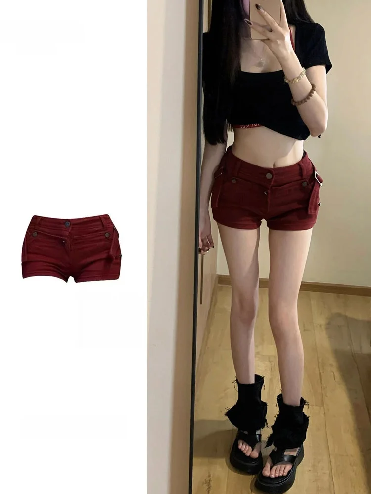 Y2K American Style Red High Waist Skinny Denim Shorts Women Summer plus Size Slimming Workwear Bodycon Hot Pants